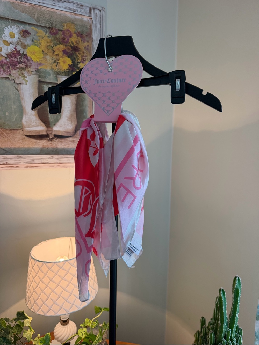 Juicy Couture Pink and Red Logo Silk-Feel Scarf